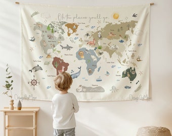 Habitación para niños Tapiz Mapa del mundo, Decoración de la guardería, Decoración de la habitación para niños, Tapiz de la habitación para niños, Tapiz impreso, Arte de la pared de la sala de juegos, Animales del mapa del mundo