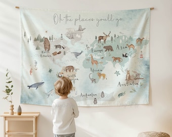 Kids room Tapestry World Map, Nursery decor, Kids room decor, Kids Room tapestry, Printed tapestry, Playroom wall art, World Map Animals