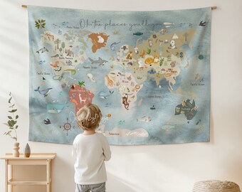 Tapeçaria com Mapa-múndi: Decoração de quarto infantil, tema animal