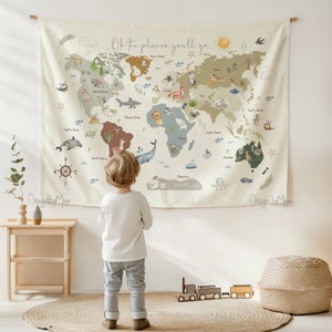Kids room Tapestry World Map, Nursery decor, Kids room decor, Kids Room tapestry, Printed tapestry, Playroom wall art, World Map Animals World map #7