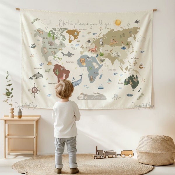 Habitación para niños Tapiz Mapa del mundo, Decoración de la guardería, Decoración de la habitación para niños, Tapiz de la habitación para niños, Tapiz impreso, Arte de la pared de la sala de juegos, Animales del mapa del mundo