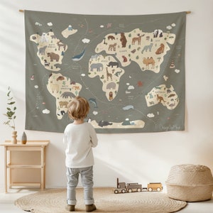 Wandtapijt kinderkamer, inrichting kinderkamer, inrichting kinderkamer, wandtapijt kinderkamer, gedrukt tapijt, kunst aan de muur speelkamer, dieren wereldkaart