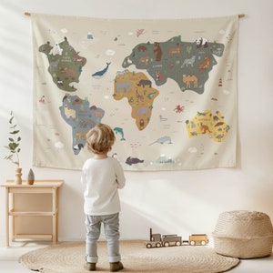 Wandteppich für Kinderzimmer, Kinderzimmerdeko, Kinderzimmerdekor, Kinderzimmerdeko, Wanddeko, Spielzimmer, Weltkarte Tiere