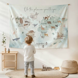 Wandteppich für Kinderzimmer, Kinderzimmerdeko, Kinderzimmerdekor, Kinderzimmerdeko, Wanddeko, Spielzimmer, Weltkarte Tiere