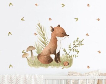 Baby Fox decals, Wall Decal Fabric Decal Room Mural Nursery Forest theme, Animal Decals Pine trees stickers Baby decor, Woodland kids room