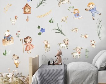 Watercolor Mother Goose Fabric Decals: Vintage Nursery Rhymes Decor