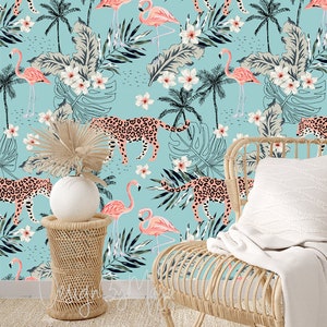 Floral wallpaper Girl room Girl Nursery wall decor Baby Girl room wallpaper Tiger Flamingo Watercolor art Mint Teal Red Kids Floral Nursery