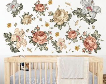 Boho Chic Boho Vintage Rosas Florales Peonía Hojas Boho Hojas Florales calcomanía de pared Guardería Decoración Pared Baby girl Shabby Chic pegatina de pared