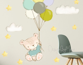Gender neutral Nursery decal, Teddy bear Fabric Decals, Hot air balloon stickers Baby Room decor Nursery Wall Decals cling Decal baby bear