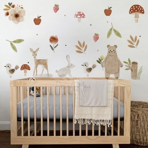 Woodland theme kids room watercolor Wall Decal Fabric Room Mural Nursery decal Forest Animal Decals Pine trees stickers Baby decor