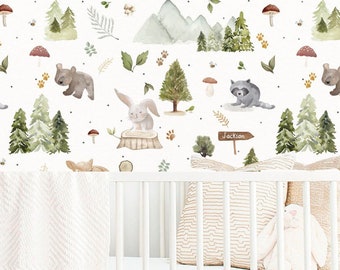 Nursery forest wallpaper, Baby room wallpaper Bunny wallpaper Kids room wallpaper Flower Rabbit Watercolor Kids magic forest Nursery