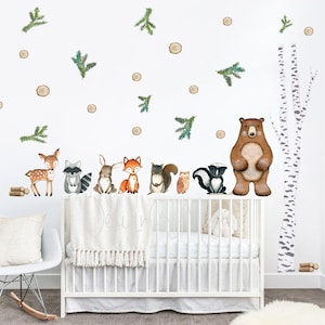 Woodland Wall Decal, Fabric decals baby, Wall Decal, Room Mural, Nursery decal, Woodland Animal Decals, Pine trees stickers, Baby Room decor