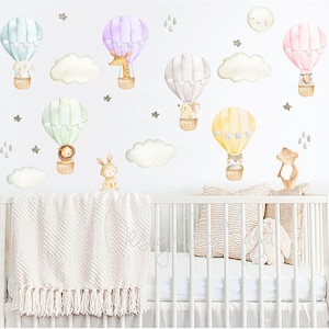 Rainbow Balloon Watercolor, Nursery decals, Baby Wall art, Balloon sticker, Wall Decor, Kids Decals, Hot air Balloon clings, Nursery Decor