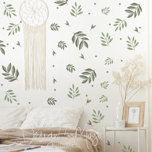 Watercolor leaves decals Foliage wall stickers Green leaves Botanical decor Green Leaf Wall art Modern Decal leaves clings Scandinavian Boho