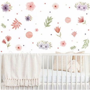 Baby Girl Pink Flowers Foliage Wall Stickers Watercolor - Etsy