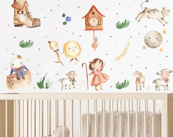 Watercolor Mother Goose Fabric Decals: Vintage Nursery Rhymes Decor