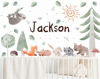 Forest wall decals, Woodland theme kids room, Fabric Room Mural Nursery decal Forest Animal Decals Pine trees stickers Baby and kids decor