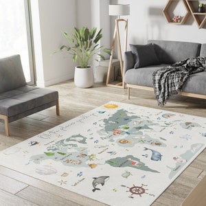 Wereldkaart kinderkleed, speelkamerdecor, dieren, polyester chenille
