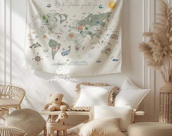 World Map Tapestry: Kids Room Decor, Playroom Wall Art