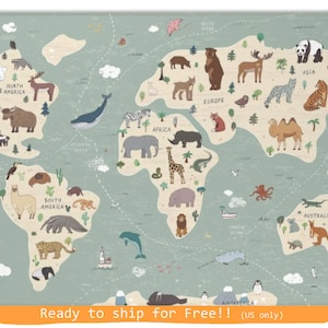 World Map rug, Play Rug, Play Mat, Nursery Rug, Kids Rug, Kids Room Rug, Printed Rug, Playroom Floor Rug, World Map decor, Animals decor