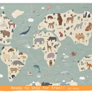 World Map rug, Play Rug, Play Mat, Nursery Rug, Kids Rug, Kids Room Rug, Printed Rug, Playroom Floor Rug, World Map decor, Animals decor