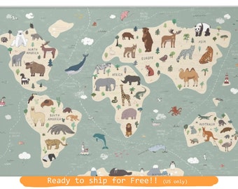 World Map rug, Play Rug, Play Mat, Nursery Rug, Kids Rug, Kids Room Rug, Printed Rug, Playroom Floor Rug, World Map decor, Animals decor