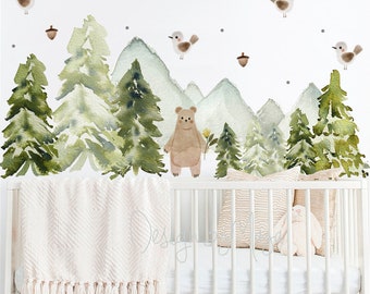 Woodland theme kids room Wall Decal, Pine trees Fabric Wall Decal Room Mural Nursery Forest Animal Decals Pine trees stickers Baby decor