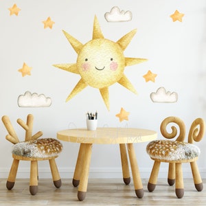 Nursery decals, watercolor Sun Decal, Room wall stickers, Clouds, Sky decor, Moon, Nursery Decal, Baby decor, Clouds and stars, baby room