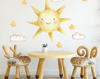 Nursery decals, watercolor Sun Decal, Room wall stickers, Clouds, Sky decor, Moon, Nursery Decal, Baby decor, Clouds and stars, baby room