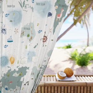Cortina de quarto com mapa-múndi, tema de berçário boho, cortina de janela da África, tema de aventura, design em todo o mundo para bebês e crianças, coelho, raposa