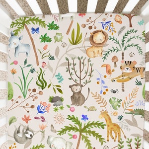Safari Zoo Krippe Bettwäsche, Boho Bettwäsche Dschungel Kinderbett Bettwäsche personalisierte Giraffe AFF Elefant Löwe Schildkröte Nashorn Regenbogen Savannah Bettwäsche