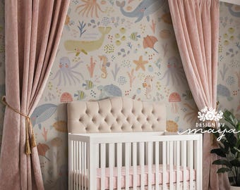 Wallpaper Ocean Life: nautisch kinderdagverblijf, boho-muurschildering, Silly Goose, boerderijdecor, babyblauw behang