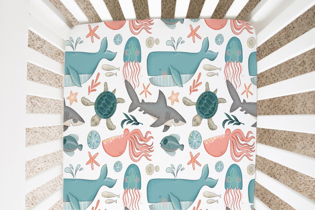Watercolor Whale Shark Fish Sea Turtle Jelly Fish Crib Sheet Etsy
