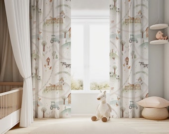 Farm kids room curtain, Boho nursery theme, Window curtain, Adventure theme, All around the world design baby and kid, Barn animals