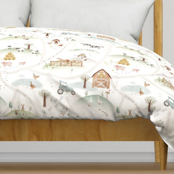 My little farm duvet, Barn animal theme bedding, Farmhouse Duvet, Pine trees comforter, Chicken, Cow, Horse, Tractor, Countryside bedding