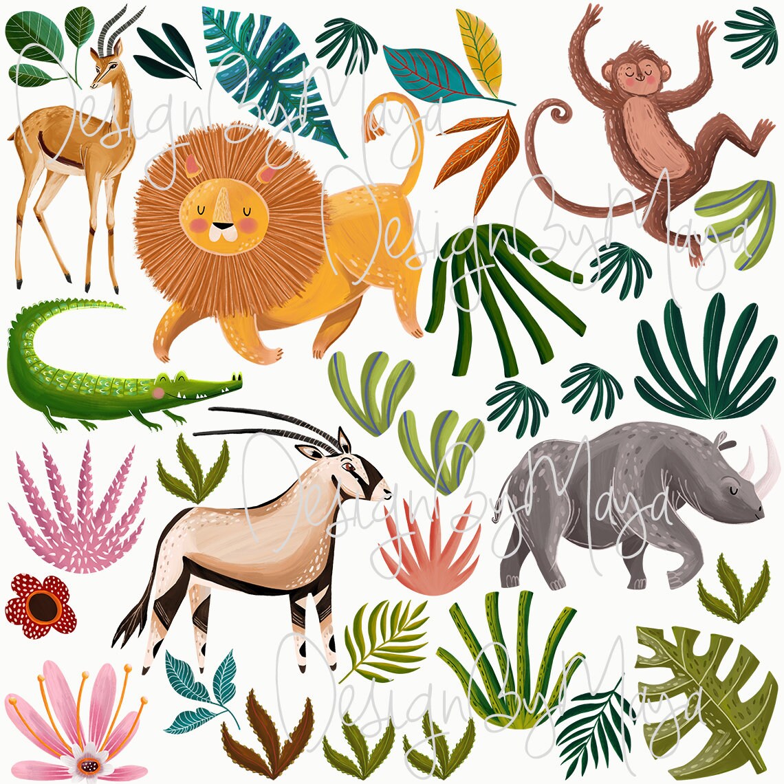 Watercolor Safari Nursery Wall Decals: Jungle Animals Fabric Stickers ...