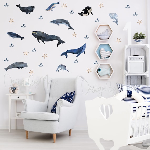 Ocean Nursery, Sea Life Decor, Whale Wall Decal Ocean Whale Wall Murals  Nautical Decor Nautical Nursery Decals Ocean Watercolor Sea Stickers 