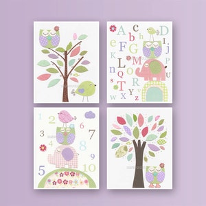 Karte für Mädchen, Kinderzimmer Deko, Carter Zoo Kunst, Baby Mädchen, Bild, Set 4 20x30, Kinderzimmer Decor, lila, grün, türkis, pink, pink, Zahl, AB