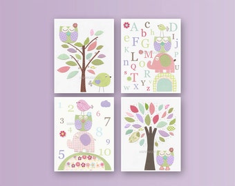 Kids Wall Art Nursery Decor, Carter Zoo, Baby girl Room Art, Set 4 8x10, Nursery Art Decor, purple, green, aqua, turquoise,PINK, number, AB