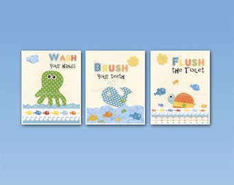 Kids Bathroom Rules: Wash Brush Flush, Kids Bathroom Art, Kids Bathroom Decor, Set of 3 print, Octapus, Fish, Whale, Kids Nautical Art Decor