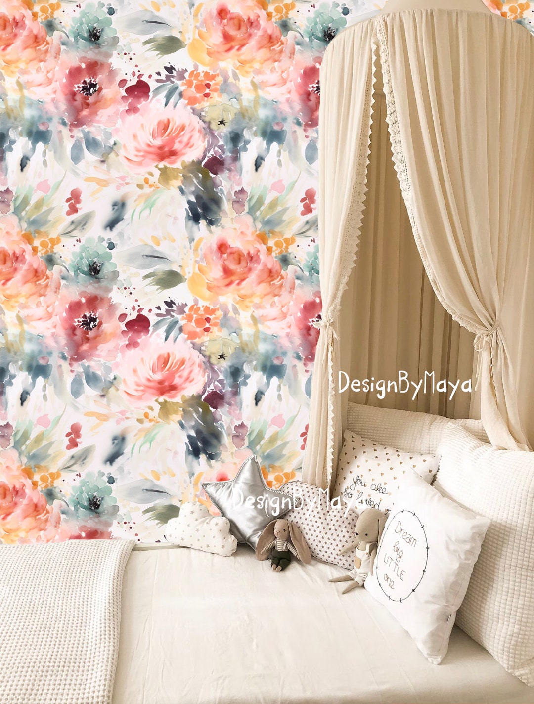 Peony Floral Wallpaper: Vintage Nursery Decor, Pink & Blue Flowers - Etsy