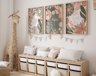 Boho blommigt barnrumstryck: Skogsregnbågsdekor