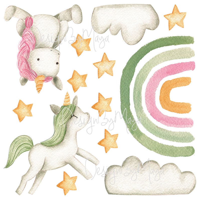 Baby girl nursery Baby Unicorns Watercolor Nursery decals Etsy