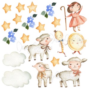 May include: Watercolor illustration of a girl with a red dress and a stick, a moon with a face, a spoon with a face, and four white lambs with blue and yellow ribbons. The background includes blue flowers, green leaves, and yellow stars.