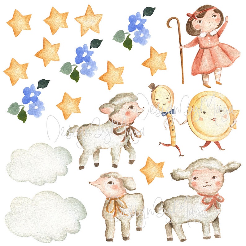 May include: Watercolor illustration of a girl with a red dress and a stick, a moon with a face, a spoon with a face, and four white lambs with blue and yellow ribbons. The background includes blue flowers, green leaves, and yellow stars.