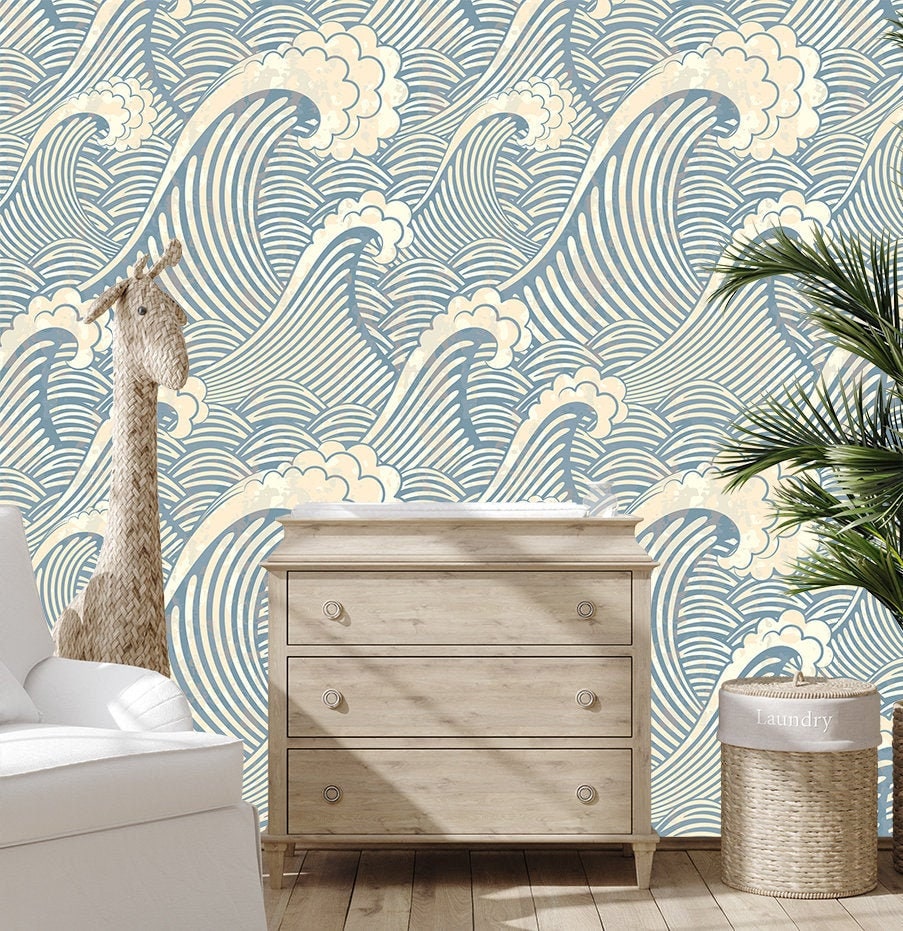 Baby Room Watercolor Nursery Wave wallpaper Vintage waves Etsy