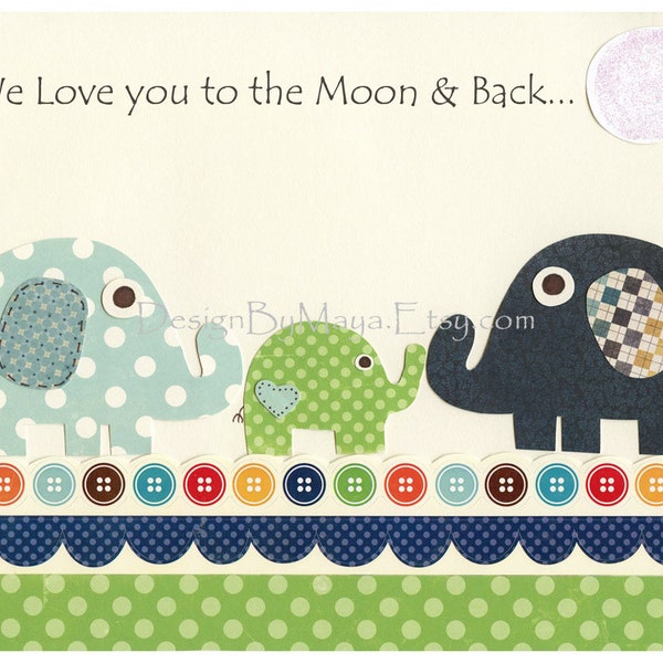 Baby Room Decor - Children Wall Art - Elephant Family For Baby Boy Nursery Room - Baby Boy Room Decor and Prints - We Love You To The Moon