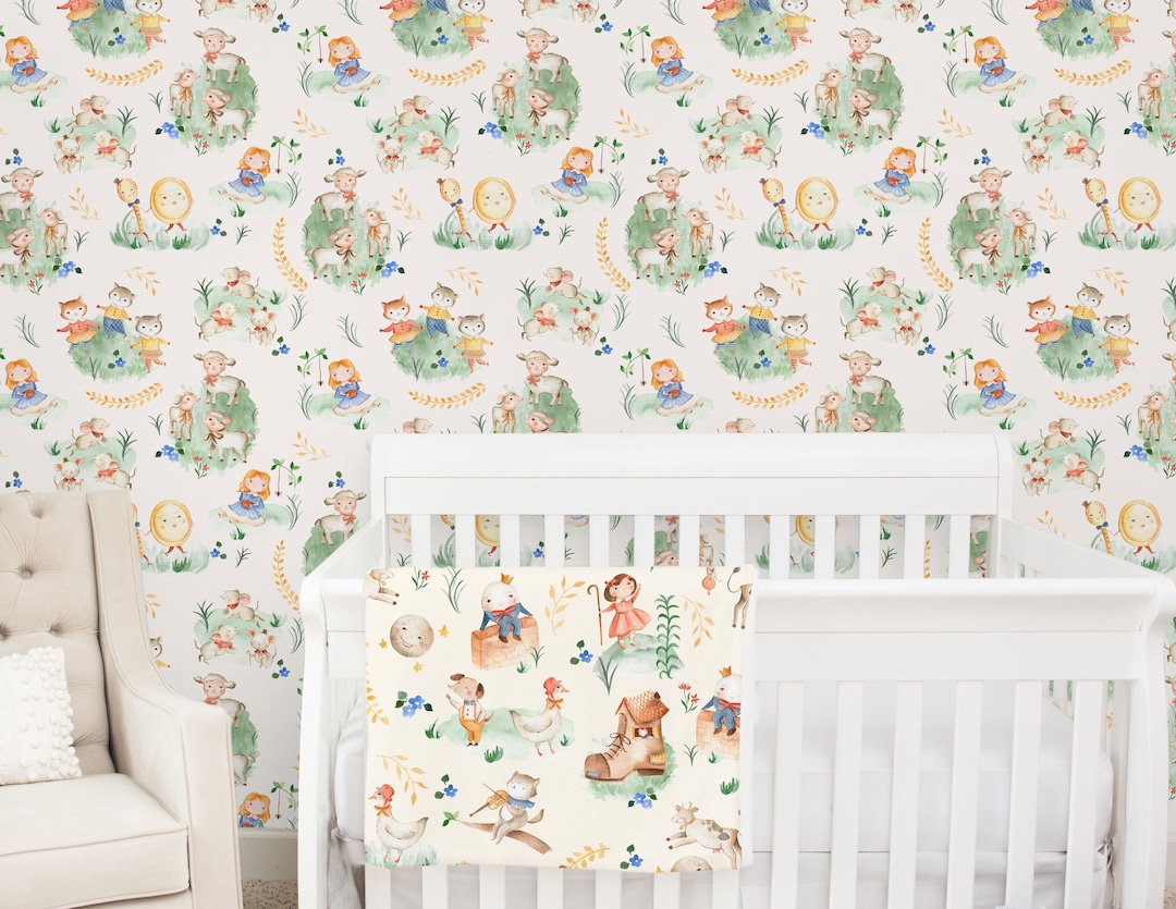 Vintage Kids Room Wallpaper, Nursery Rhymes Decor, Mother Goose, Humpty