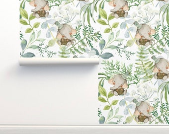 Nursery Elephant wallpaper, Baby room wallpaper, Gender neutral Kids room wallpaper, Watercolor Foliage Kids magic forest Nursery