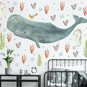 Giant whale wall sticker, Nautical wall decals, Ocean decals, Whale, Sea Life Wall Decals, Under the sea Decor, Nautical nursery Decals art